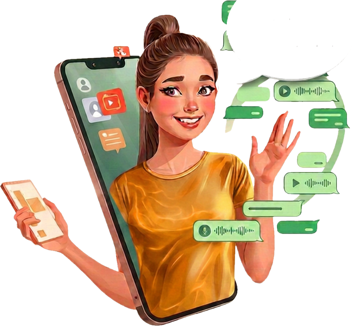Claudia saliendo de la pantalla de un celular, saludando, rodeada de mensajes de voz de WhatsApp